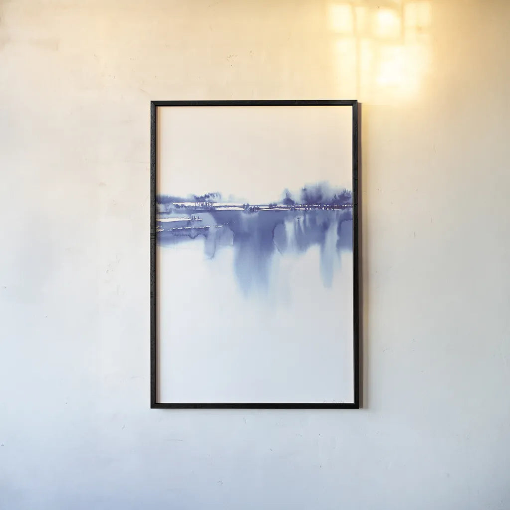Blue Horizon IV by Aimee Del Valle. shown as a paper print in a black flame. Available as a archival giclee rolled canvas, fine art paper, or poster print. SKU 68324h.