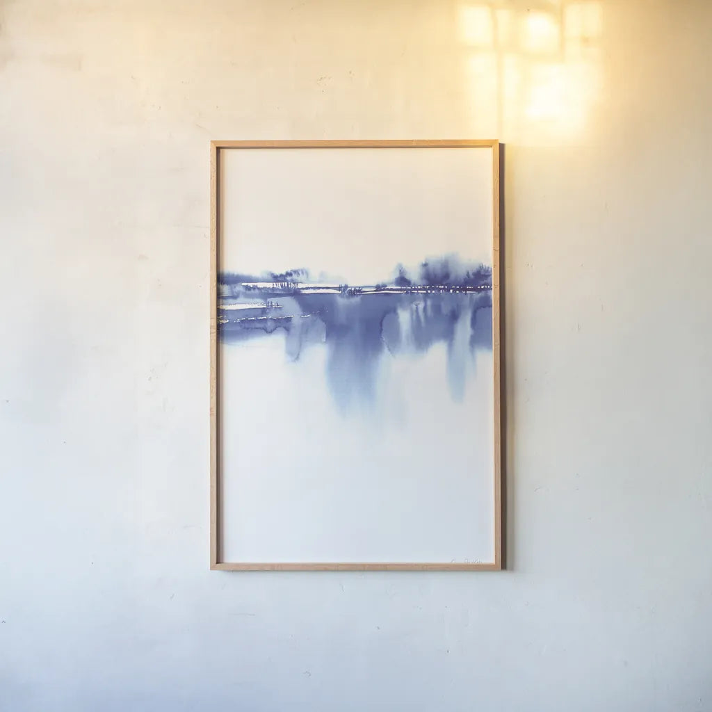 Blue Horizon IV by Aimee Del Valle. shown as a paper print in a natural frame. Available as a archival giclee rolled canvas, fine art paper, or poster print. SKU 68324h.