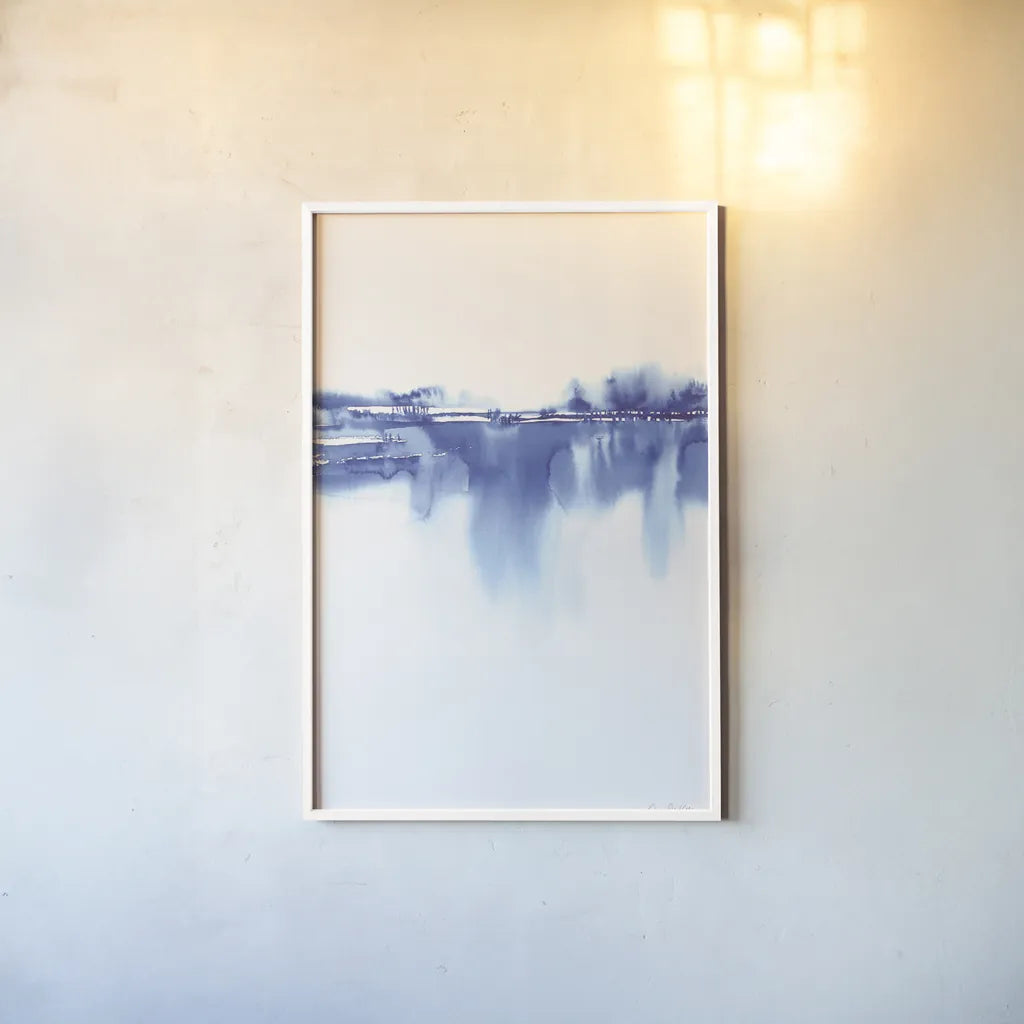 Blue Horizon IV by Aimee Del Valle. shown as a paper print in a white frame. Available as a archival giclee rolled canvas, fine art paper, or poster print. SKU 68324h.