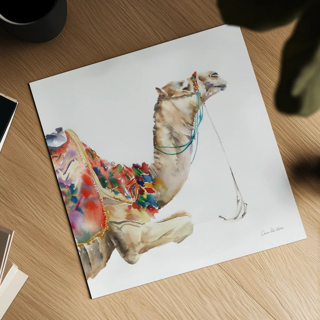 Desert Camel I by Aimee Del Valle. Shown as a detailed flat fine art print, highlighting archival giclee quality. Available as an archival giclee rolled canvas, fine art paper, or poster print. SKU 67717a.
