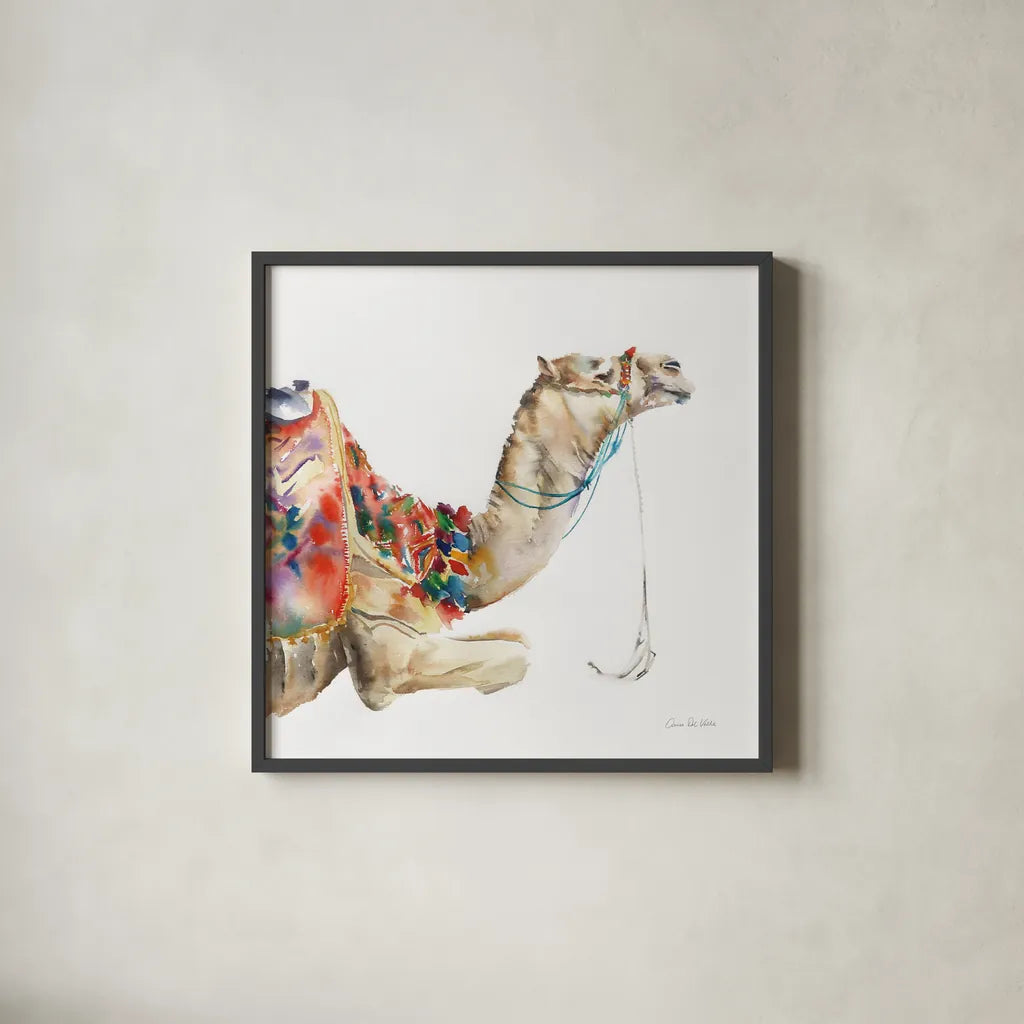 Desert Camel I by Aimee Del Valle. Shown in a sleek black glass frame for a contemporary gallery look. Available as an archival giclee rolled canvas, fine art paper, or poster print. SKU 67717a.