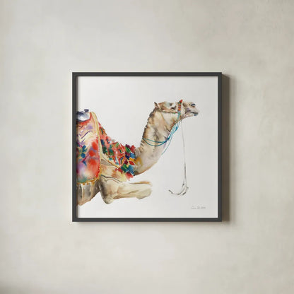 Desert Camel I by Aimee Del Valle. Shown in a sleek black glass frame for a contemporary gallery look. Available as an archival giclee rolled canvas, fine art paper, or poster print. SKU 67717a.