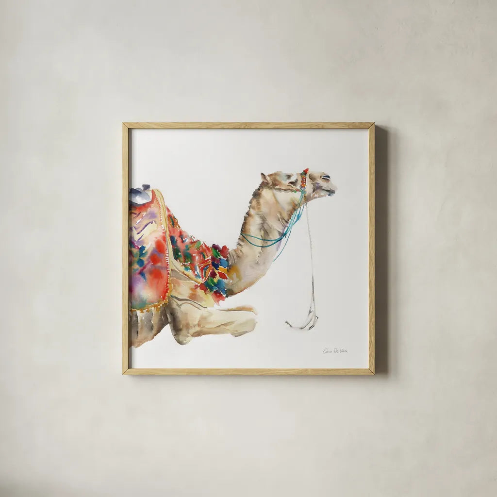 Desert Camel I by Aimee Del Valle. Shown in a natural wood glass frame for a timeless modern aesthetic. Available as an archival giclee rolled canvas, fine art paper, or poster print. SKU 67717a.