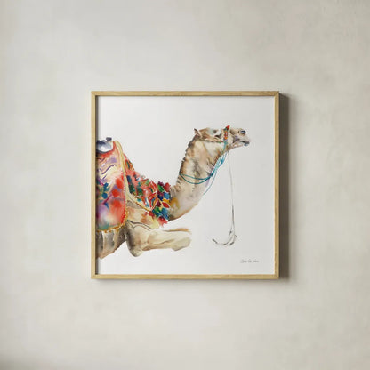 Desert Camel I by Aimee Del Valle. Shown in a natural wood glass frame for a timeless modern aesthetic. Available as an archival giclee rolled canvas, fine art paper, or poster print. SKU 67717a.
