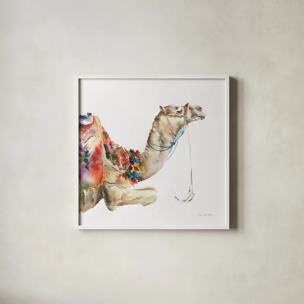 Desert Camel I by Aimee Del Valle. Shown in a crisp white glass frame for a clean and minimalist style. Available as an archival giclee rolled canvas, fine art paper, or poster print. SKU 67717a.