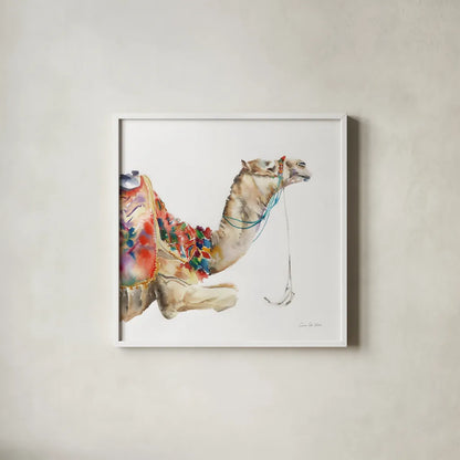 Desert Camel I by Aimee Del Valle. Shown in a crisp white glass frame for a clean and minimalist style. Available as an archival giclee rolled canvas, fine art paper, or poster print. SKU 67717a.