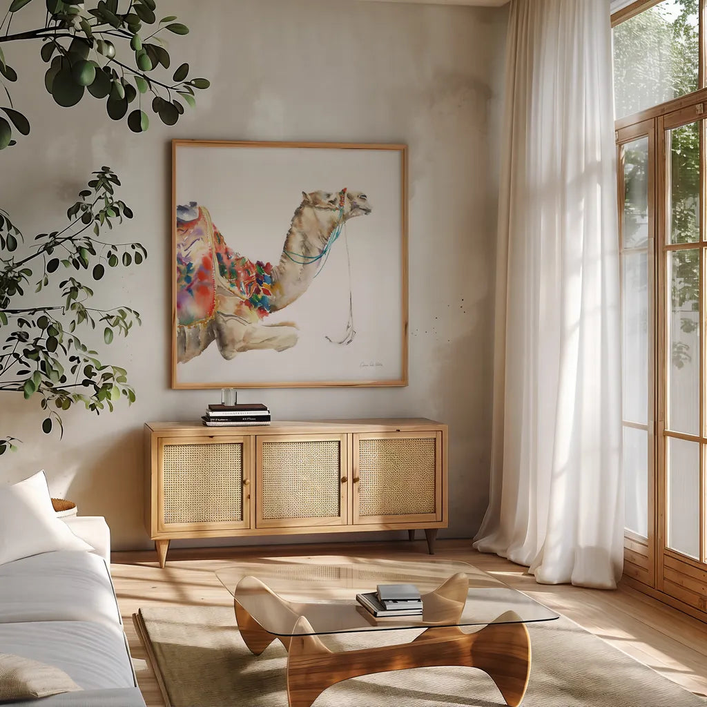 Desert Camel I by Aimee Del Valle. Shown in a natural wood frame in a cozy modern living room. Available as an archival giclee rolled canvas, fine art paper, or poster print. SKU 67717a.