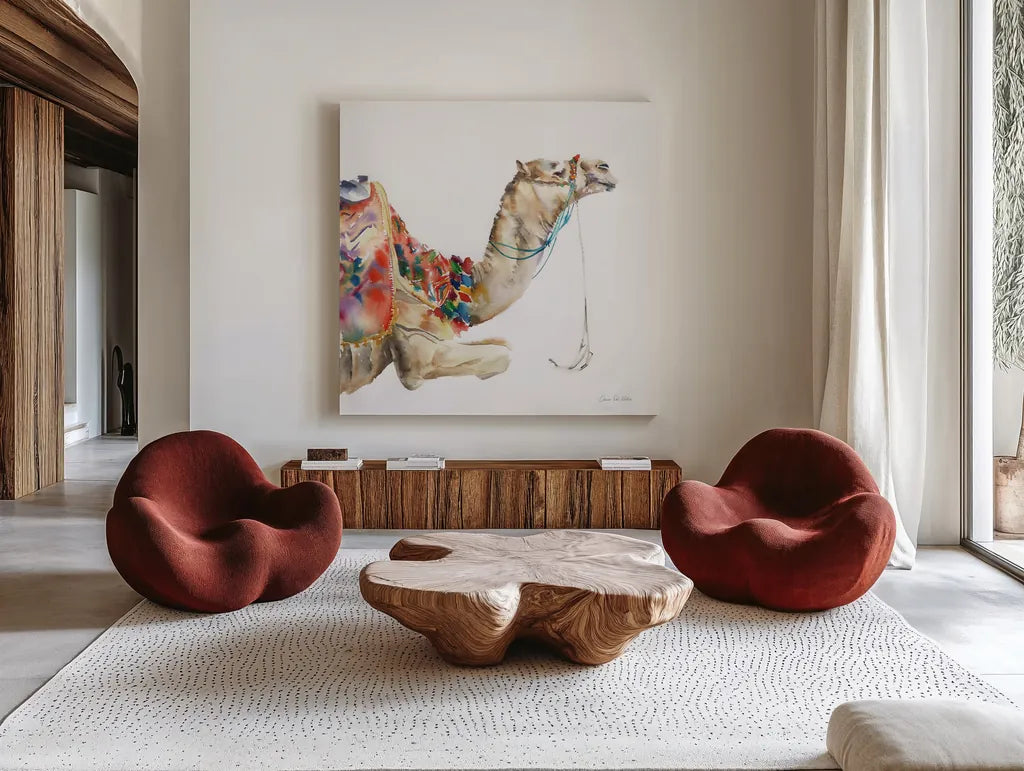 Desert Camel I by Aimee Del Valle. Shown as extra-large giant wall art in a modern living room. Available as an archival giclee rolled canvas, fine art paper, or poster print. SKU 67717a.