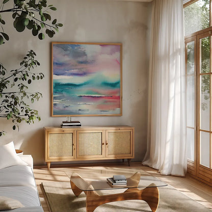 Dramatic Evening by Aimee Del Valle. Shown in a natural wood frame in a cozy modern living room. Available as an archival giclee rolled canvas, fine art paper, or poster print. SKU 68313a.