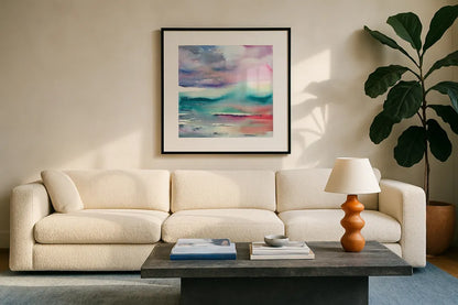 Dramatic Evening by Aimee Del Valle. Displayed in a glass frame with matte in a clean modern living room. Available as an archival giclee rolled canvas, fine art paper, or poster print. SKU 68313a.