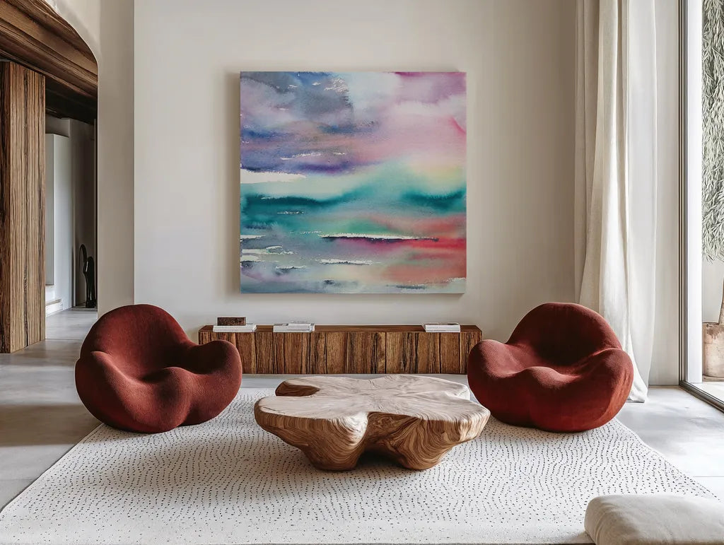 Dramatic Evening by Aimee Del Valle. Shown as extra-large giant wall art in a modern living room. Available as an archival giclee rolled canvas, fine art paper, or poster print. SKU 68313a.
