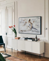 Dress Rehearsal by Aimee Del Valle. shown as a framed stretched canvas in a living room above a console. Available as a archival giclee rolled canvas, fine art paper, or poster print. SKU 45761i.