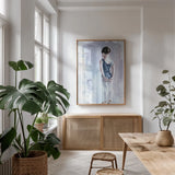 First Day at Ballet by Aimee Del Valle. shown as a print in a natural wood frame in a dining room. Available as a archival giclee rolled canvas, fine art paper, or poster print. SKU 45767h.