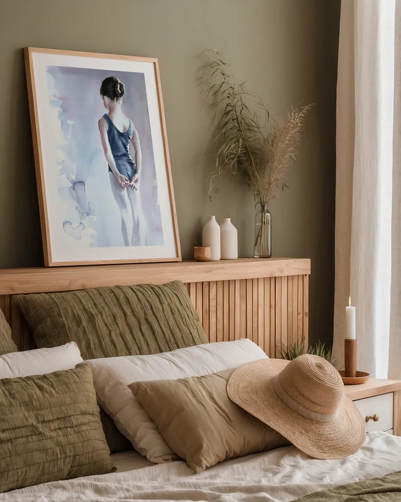 First Day at Ballet by Aimee Del Valle. shown as a paper print in a natural frame. Available as a archival giclee rolled canvas, fine art paper, or poster print. SKU 45767h.