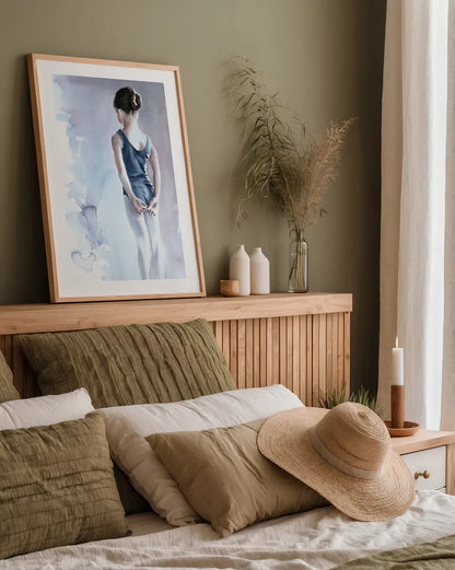 First Day at Ballet by Aimee Del Valle. shown as a paper print in a natural frame. Available as a archival giclee rolled canvas, fine art paper, or poster print. SKU 45767h.