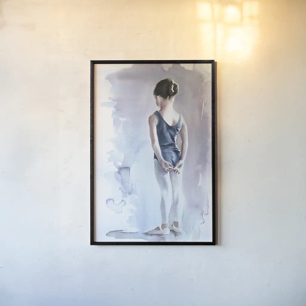 First Day at Ballet by Aimee Del Valle. shown as a paper print in a black flame. Available as a archival giclee rolled canvas, fine art paper, or poster print. SKU 45767h.