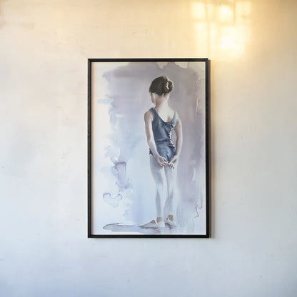 First Day at Ballet by Aimee Del Valle. shown as a paper print in a black flame. Available as a archival giclee rolled canvas, fine art paper, or poster print. SKU 45767h.