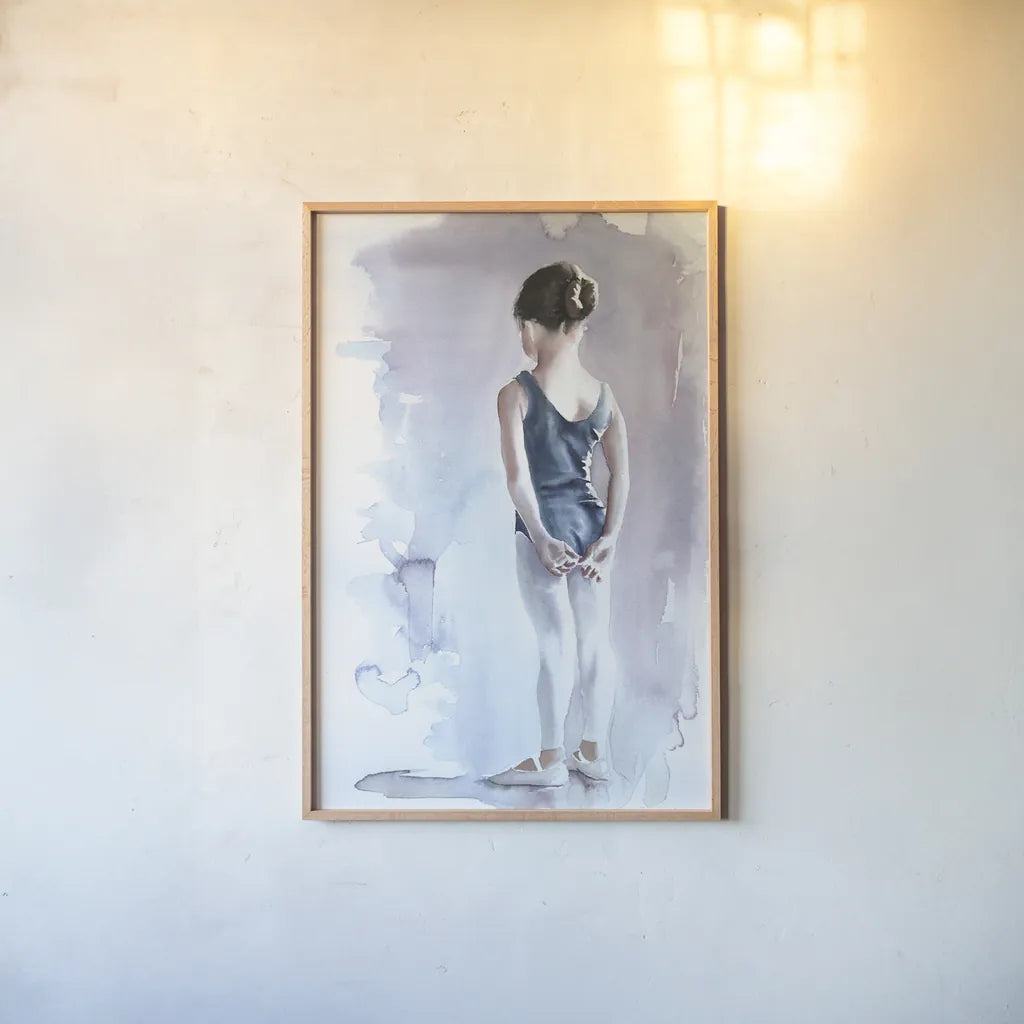First Day at Ballet by Aimee Del Valle. shown as a paper print in a natural frame. Available as a archival giclee rolled canvas, fine art paper, or poster print. SKU 45767h.