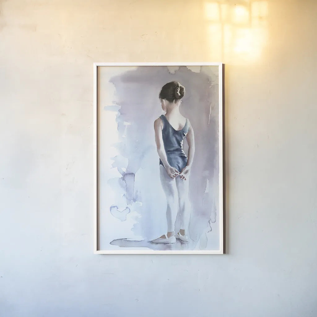First Day at Ballet by Aimee Del Valle. shown as a paper print in a white frame. Available as a archival giclee rolled canvas, fine art paper, or poster print. SKU 45767h.