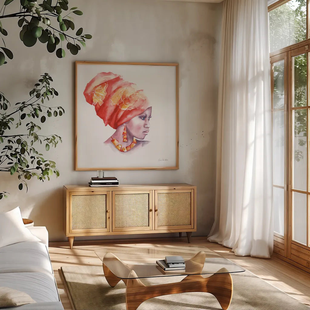 Glow by Aimee Del Valle. Shown in a natural wood frame in a cozy modern living room. Available as an archival giclee rolled canvas, fine art paper, or poster print. SKU 70439a.