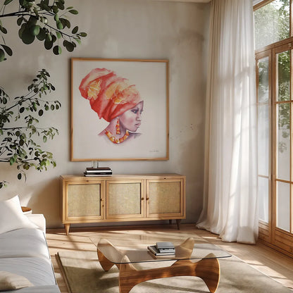 Glow by Aimee Del Valle. Shown in a natural wood frame in a cozy modern living room. Available as an archival giclee rolled canvas, fine art paper, or poster print. SKU 70439a.