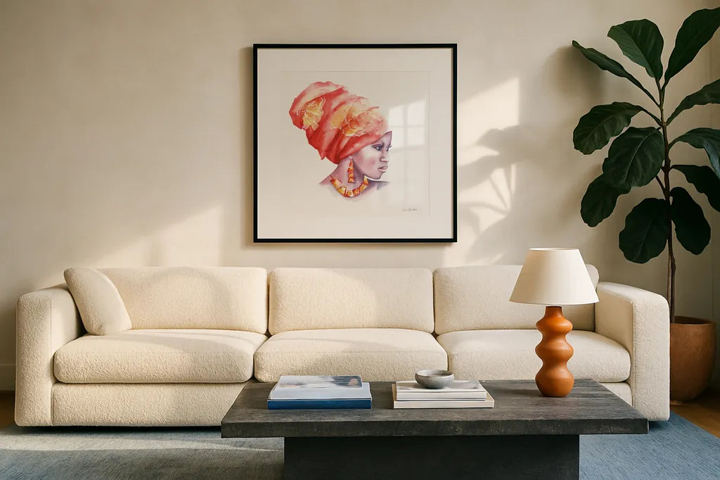 Glow by Aimee Del Valle. Displayed in a glass frame with matte in a clean modern living room. Available as an archival giclee rolled canvas, fine art paper, or poster print. SKU 70439a.