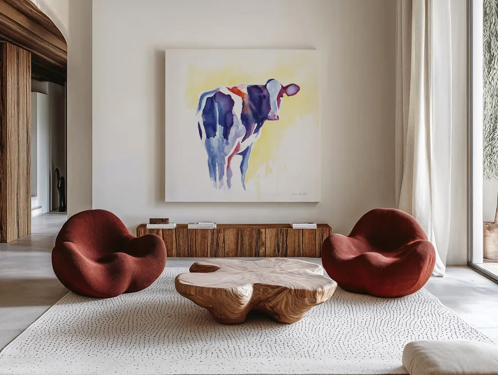 Holstein I by Aimee Del Valle. Shown as extra-large giant wall art in a modern living room. Available as an archival giclee rolled canvas, fine art paper, or poster print. SKU 64952a.