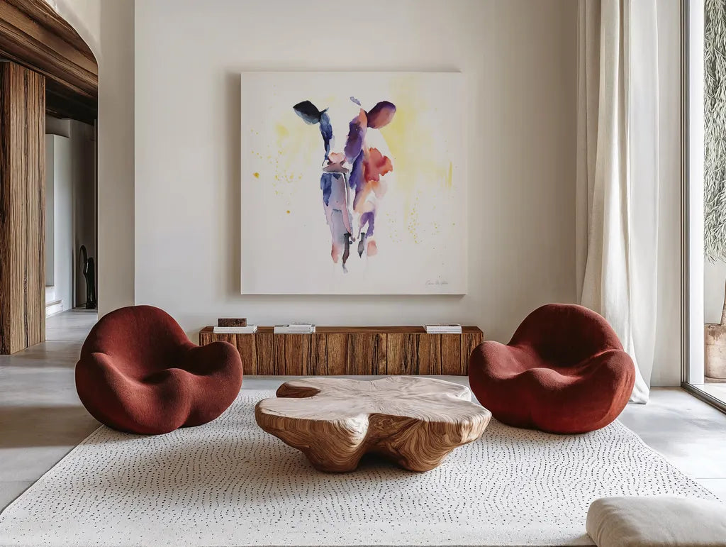 Holstein II by Aimee Del Valle. Shown as extra-large giant wall art in a modern living room. Available as an archival giclee rolled canvas, fine art paper, or poster print. SKU 64953a.
