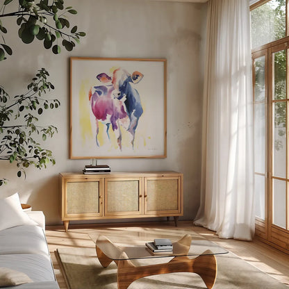 Holstein III by Aimee Del Valle. Shown in a natural wood frame in a cozy modern living room. Available as an archival giclee rolled canvas, fine art paper, or poster print. SKU 64954a.