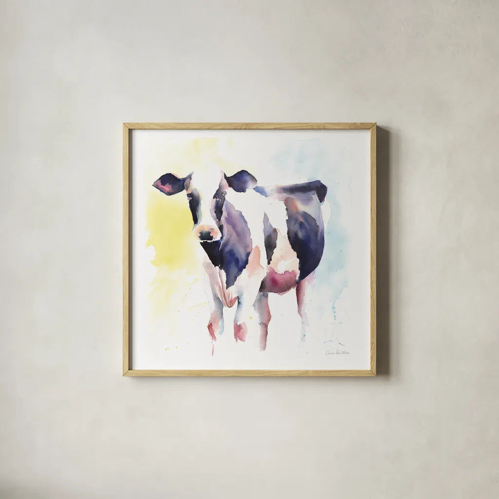 Holstein IV by Aimee Del Valle. Shown in a natural wood glass frame for a timeless modern aesthetic. Available as an archival giclee rolled canvas, fine art paper, or poster print. SKU 64955a.