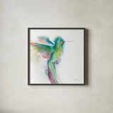 Hummingbirds II by Aimee Del Valle. Shown in a sleek black glass frame for a contemporary gallery look. Available as an archival giclee rolled canvas, fine art paper, or poster print. SKU 67720a.