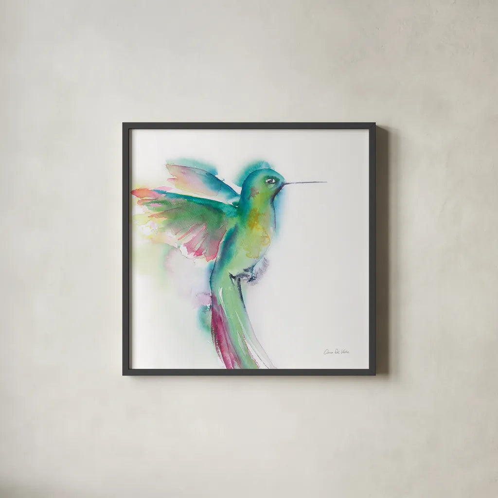 Hummingbirds II by Aimee Del Valle. Shown in a sleek black glass frame for a contemporary gallery look. Available as an archival giclee rolled canvas, fine art paper, or poster print. SKU 67720a.