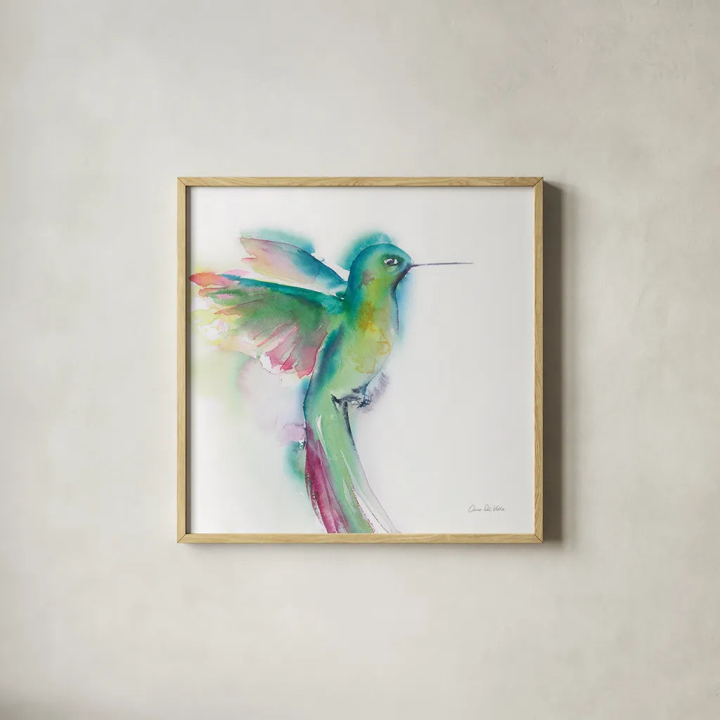 Hummingbirds II by Aimee Del Valle. Shown in a natural wood glass frame for a timeless modern aesthetic. Available as an archival giclee rolled canvas, fine art paper, or poster print. SKU 67720a.