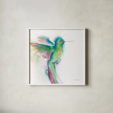 Hummingbirds II by Aimee Del Valle. Shown in a crisp white glass frame for a clean and minimalist style. Available as an archival giclee rolled canvas, fine art paper, or poster print. SKU 67720a.