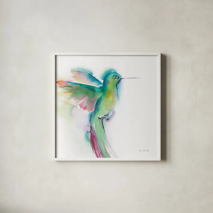Hummingbirds II by Aimee Del Valle. Shown in a crisp white glass frame for a clean and minimalist style. Available as an archival giclee rolled canvas, fine art paper, or poster print. SKU 67720a.