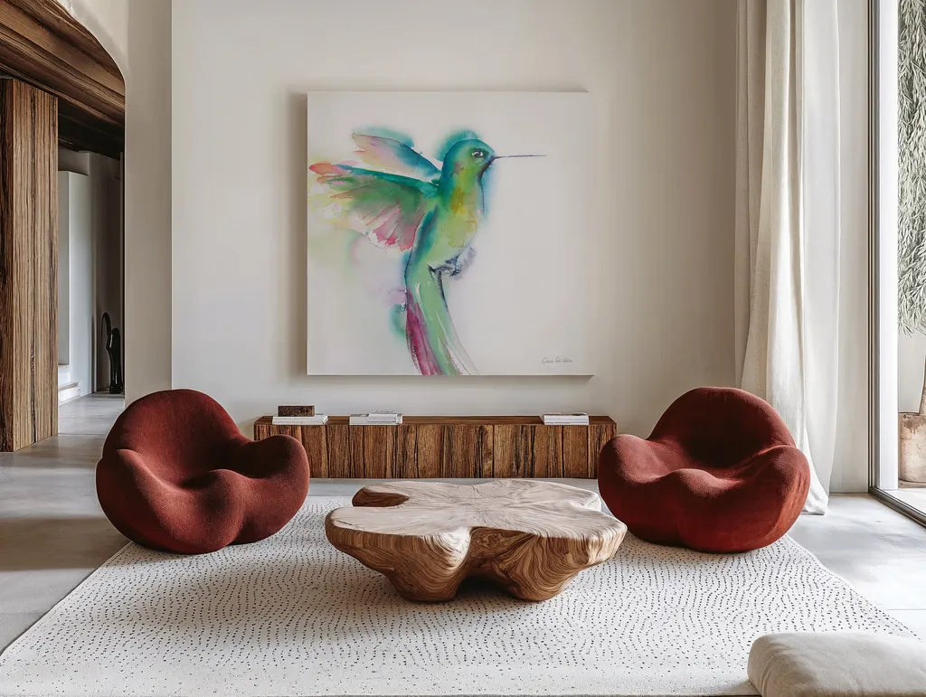 Hummingbirds II by Aimee Del Valle. Shown as extra-large giant wall art in a modern living room. Available as an archival giclee rolled canvas, fine art paper, or poster print. SKU 67720a.