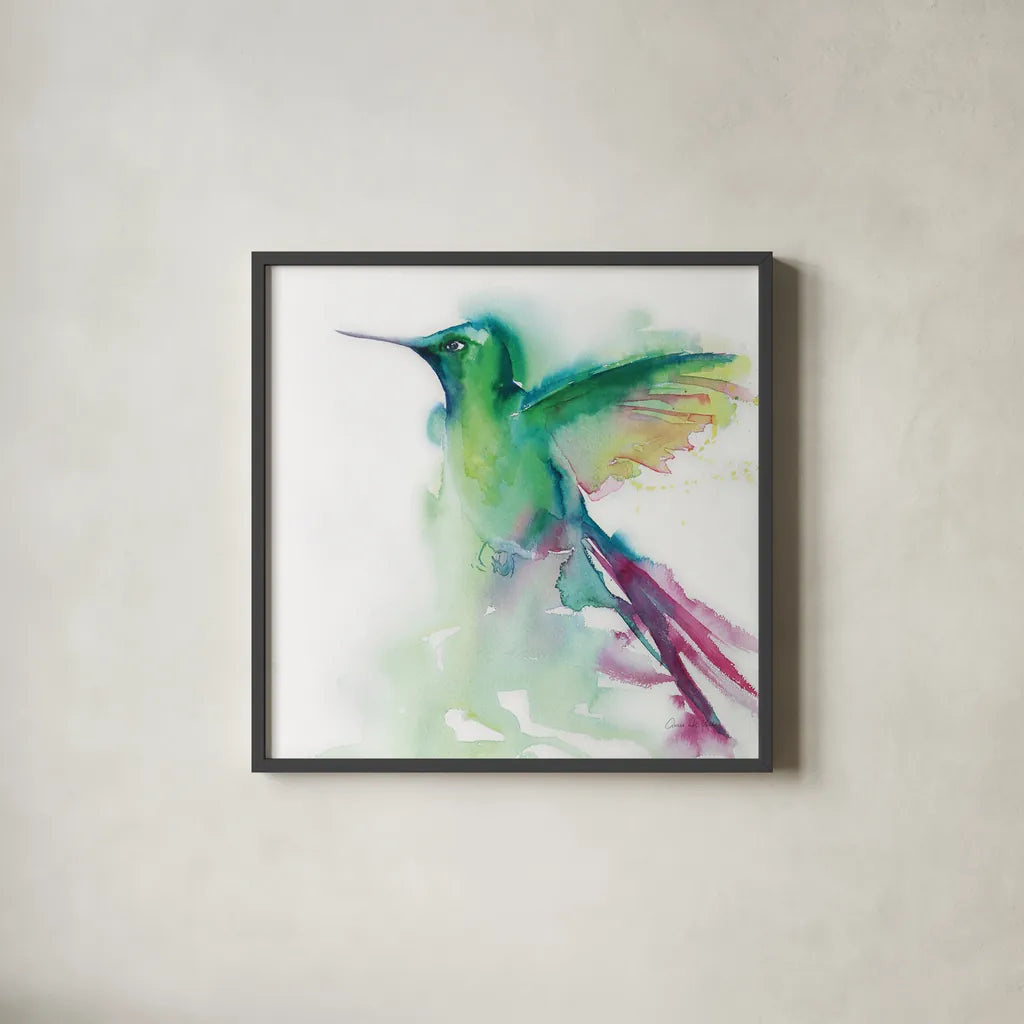 Hummingbirds III by Aimee Del Valle. Shown in a sleek black glass frame for a contemporary gallery look. Available as an archival giclee rolled canvas, fine art paper, or poster print. SKU 67721a.