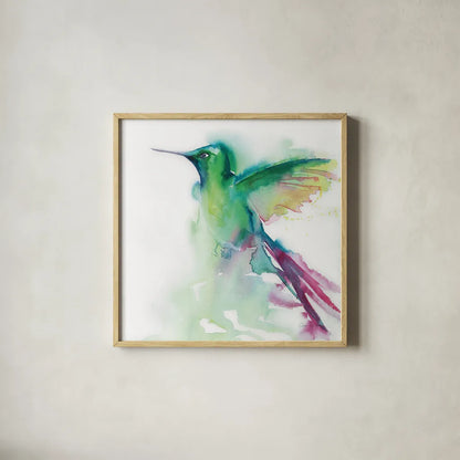 Hummingbirds III by Aimee Del Valle. Shown in a natural wood glass frame for a timeless modern aesthetic. Available as an archival giclee rolled canvas, fine art paper, or poster print. SKU 67721a.