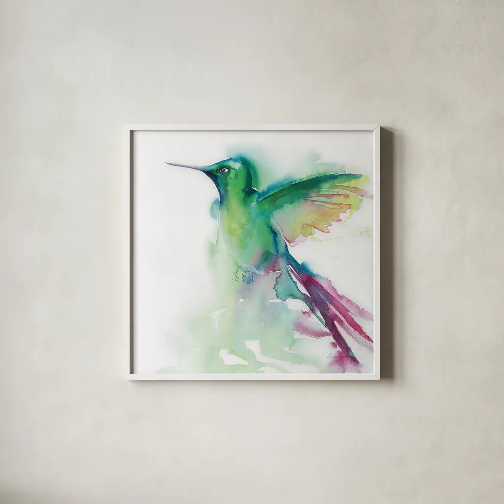 Hummingbirds III by Aimee Del Valle. Shown in a crisp white glass frame for a clean and minimalist style. Available as an archival giclee rolled canvas, fine art paper, or poster print. SKU 67721a.