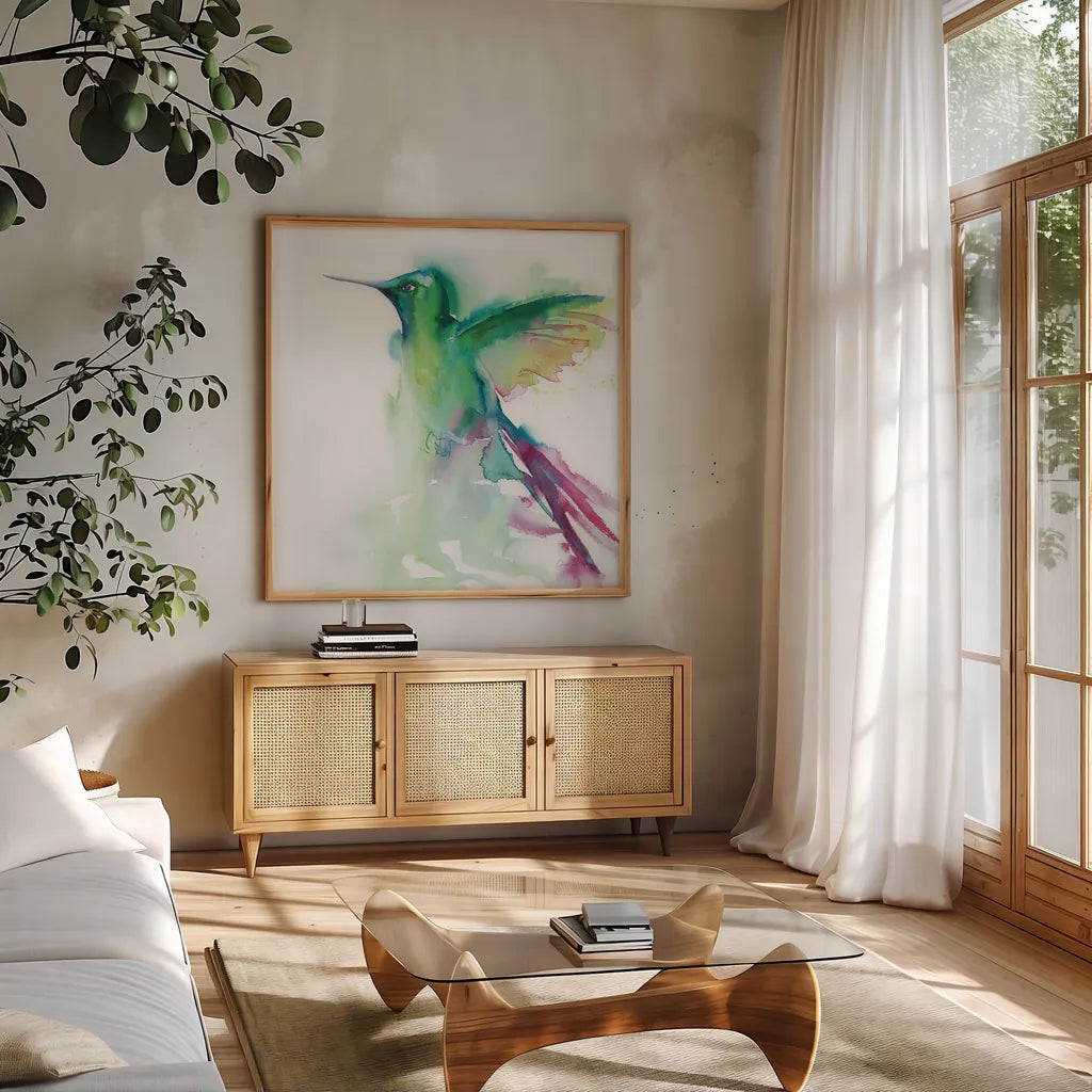 Hummingbirds III by Aimee Del Valle. Shown in a natural wood frame in a cozy modern living room. Available as an archival giclee rolled canvas, fine art paper, or poster print. SKU 67721a.