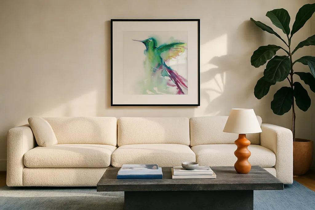 Hummingbirds III by Aimee Del Valle. Displayed in a glass frame with matte in a clean modern living room. Available as an archival giclee rolled canvas, fine art paper, or poster print. SKU 67721a.