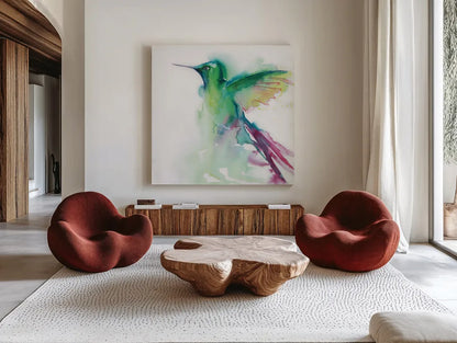 Hummingbirds III by Aimee Del Valle. Shown as extra-large giant wall art in a modern living room. Available as an archival giclee rolled canvas, fine art paper, or poster print. SKU 67721a.