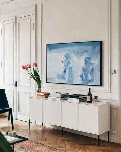 Ice Bears by Aimee Del Valle. shown as a framed stretched canvas in a living room above a console. Available as a archival giclee rolled canvas, fine art paper, or poster print. SKU 45770i.