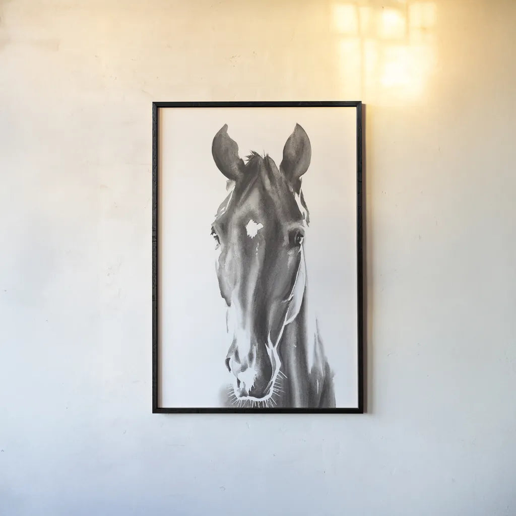 Le Cheval Noir by Aimee Del Valle. shown as a paper print in a black flame. Available as a archival giclee rolled canvas, fine art paper, or poster print. SKU 45779h.