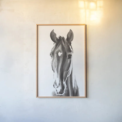 Le Cheval Noir by Aimee Del Valle. shown as a paper print in a natural frame. Available as a archival giclee rolled canvas, fine art paper, or poster print. SKU 45779h.