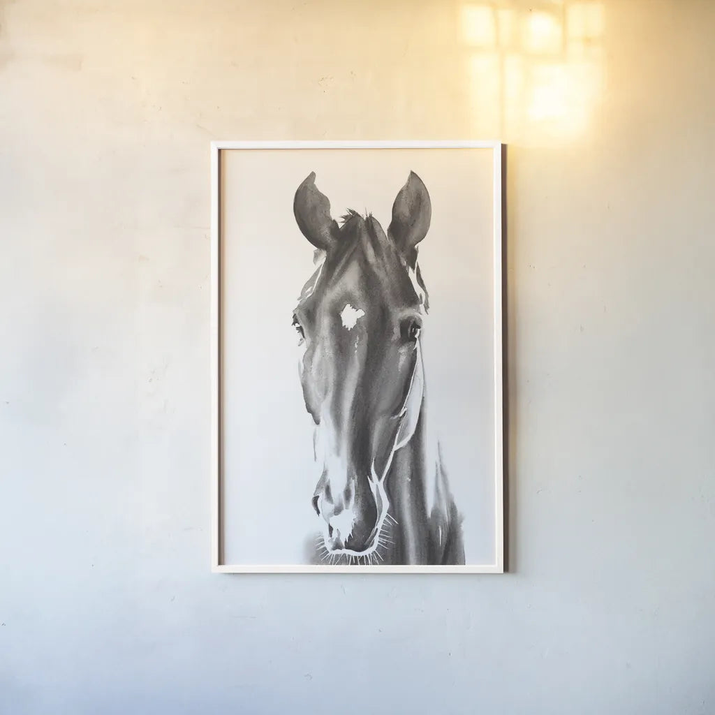 Le Cheval Noir by Aimee Del Valle. shown as a paper print in a white frame. Available as a archival giclee rolled canvas, fine art paper, or poster print. SKU 45779h.
