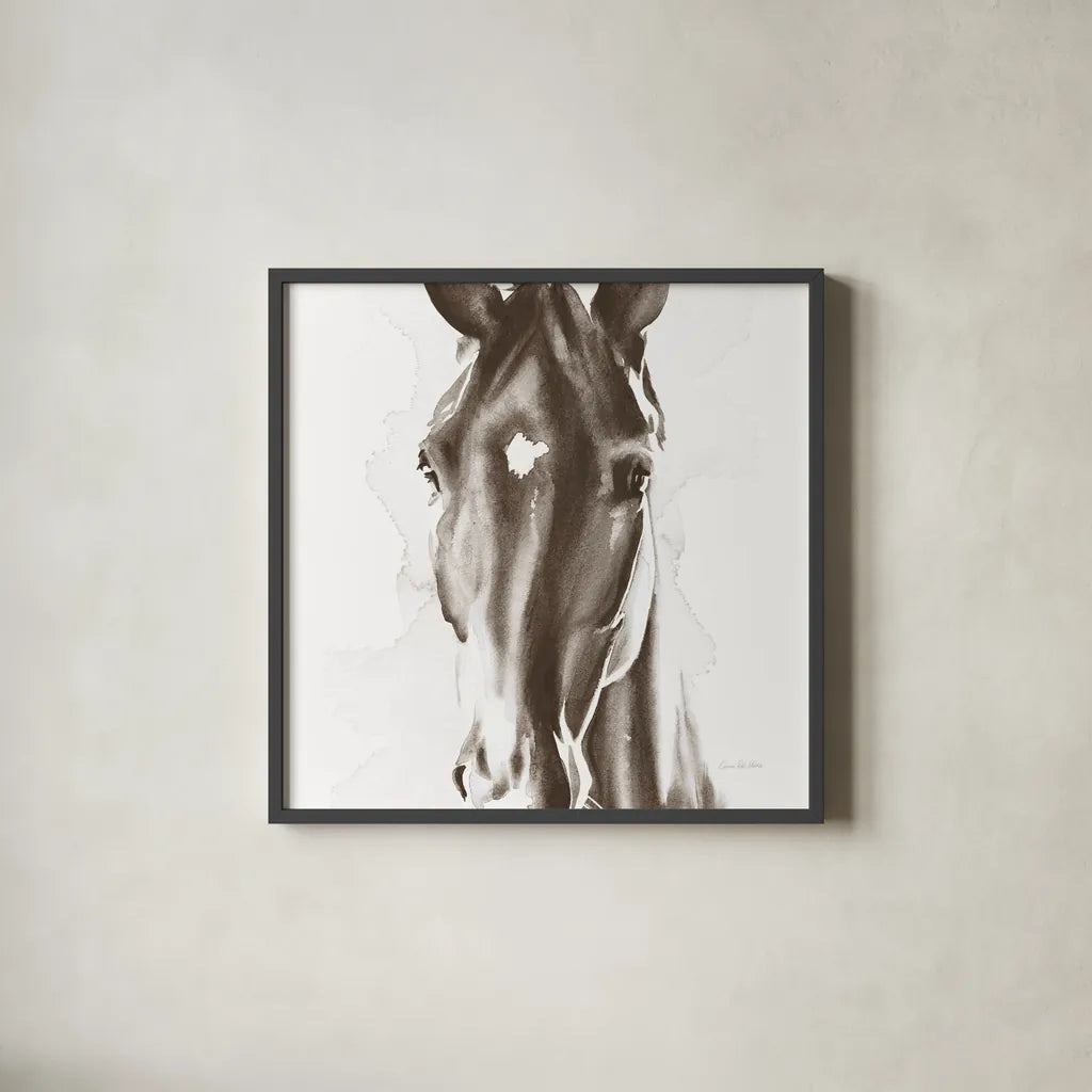 Le Cheval Noir Brown Crop by Aimee Del Valle. Shown in a sleek black glass frame for a contemporary gallery look. Available as an archival giclee rolled canvas, fine art paper, or poster print. SKU 48164a.