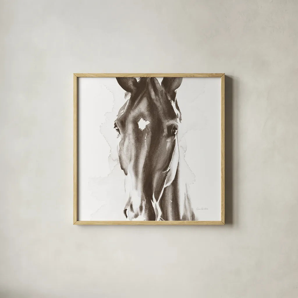 Le Cheval Noir Brown Crop by Aimee Del Valle. Shown in a natural wood glass frame for a timeless modern aesthetic. Available as an archival giclee rolled canvas, fine art paper, or poster print. SKU 48164a.