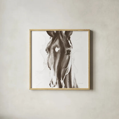 Le Cheval Noir Brown Crop by Aimee Del Valle. Shown in a natural wood glass frame for a timeless modern aesthetic. Available as an archival giclee rolled canvas, fine art paper, or poster print. SKU 48164a.