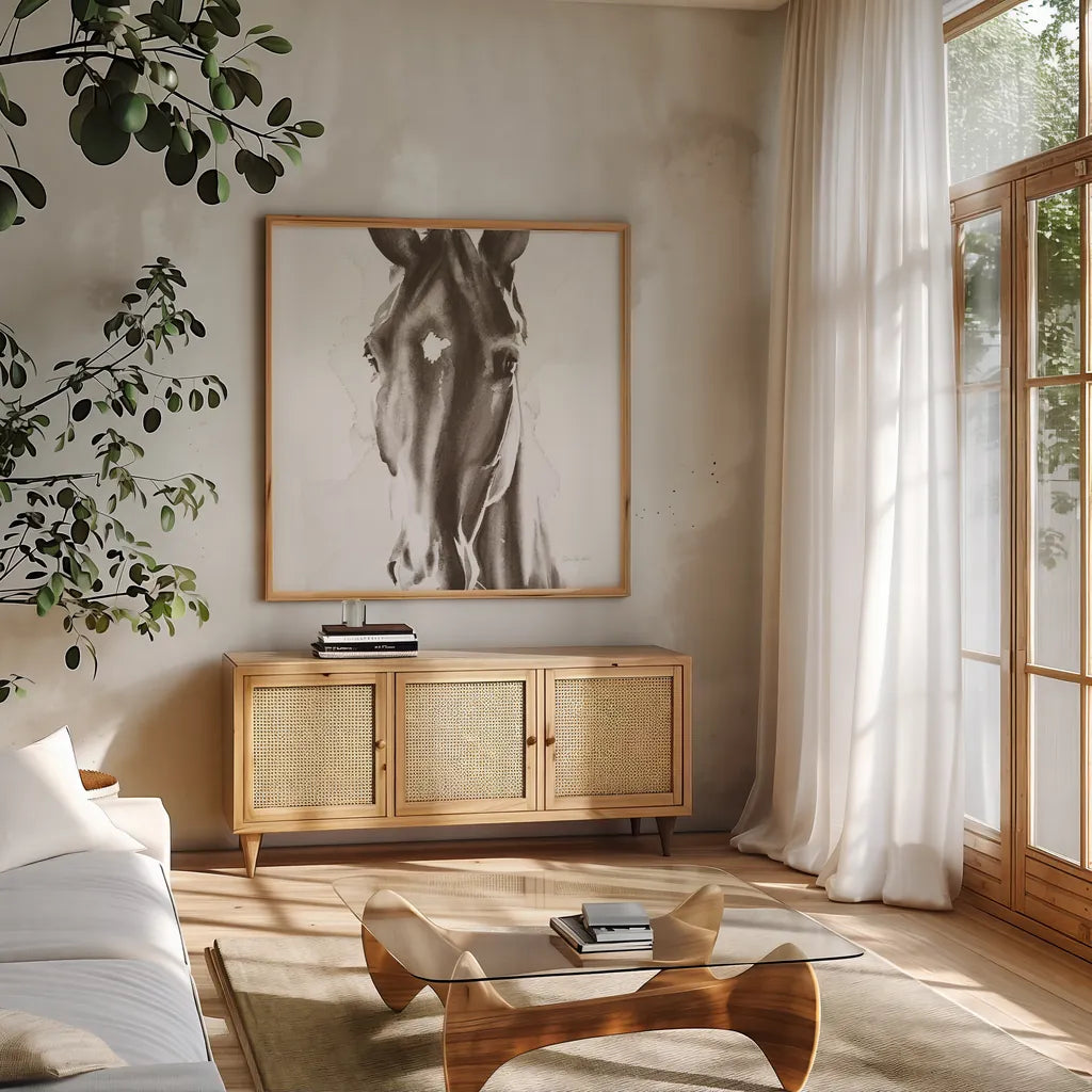 Le Cheval Noir Brown Crop by Aimee Del Valle. Shown in a natural wood frame in a cozy modern living room. Available as an archival giclee rolled canvas, fine art paper, or poster print. SKU 48164a.